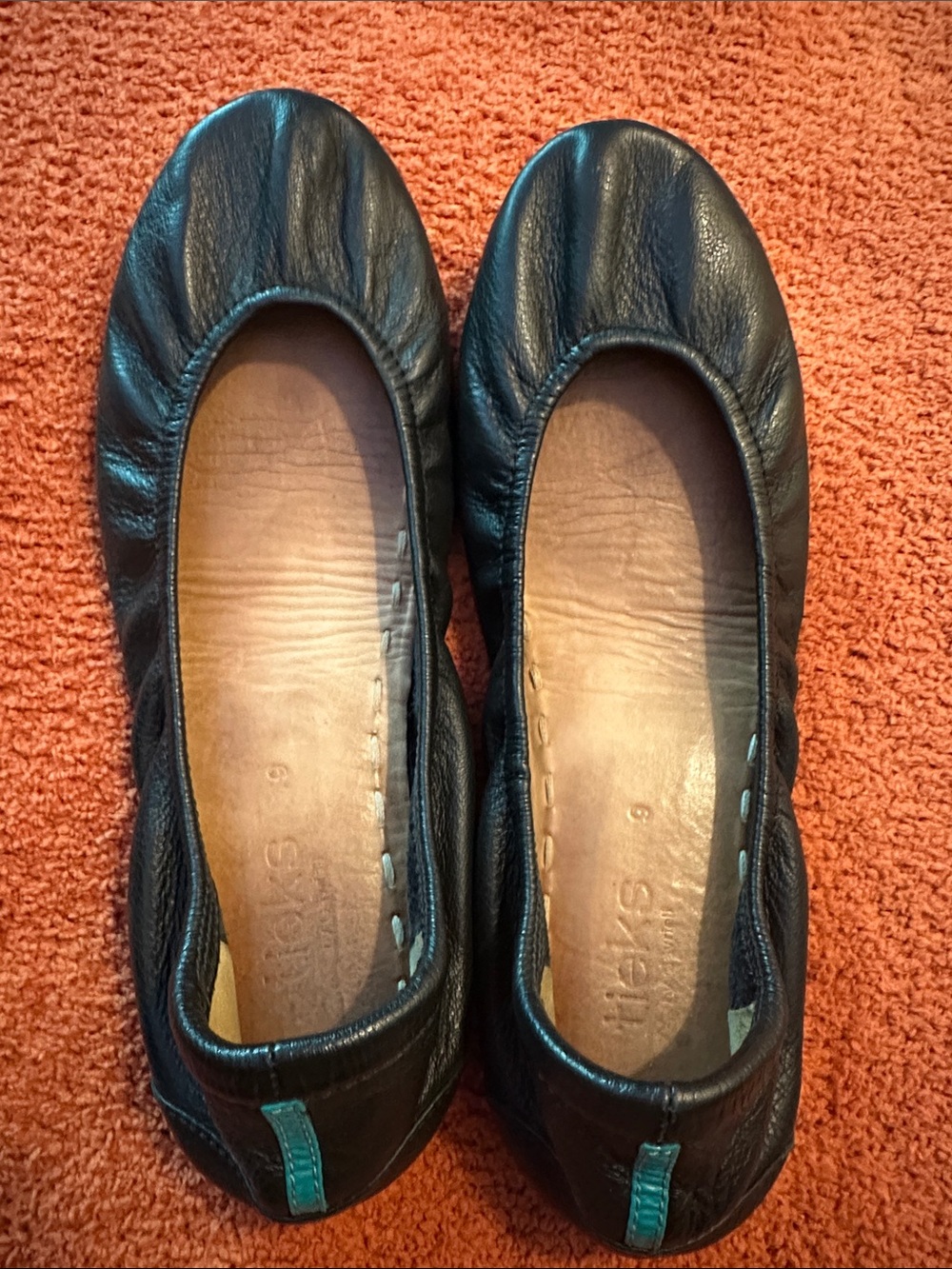 Tieks Black Leather Ballet Flats with Teal Heel Tab